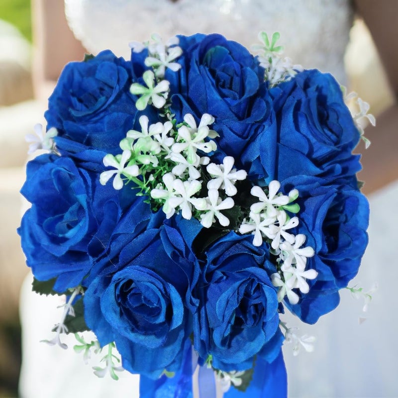 BERYLER Wedding Bouquets for Bride, Small Bridal Flower for Bridesmaid, Artificial Blue Toss Rose - Image 5