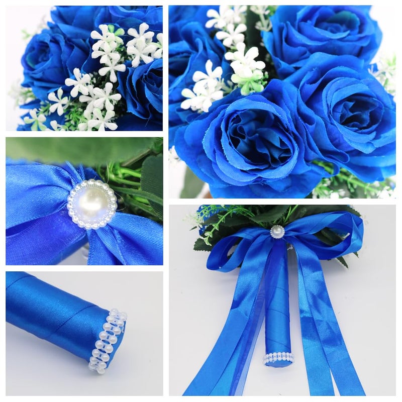 BERYLER Wedding Bouquets for Bride, Small Bridal Flower for Bridesmaid, Artificial Blue Toss Rose - Image 3