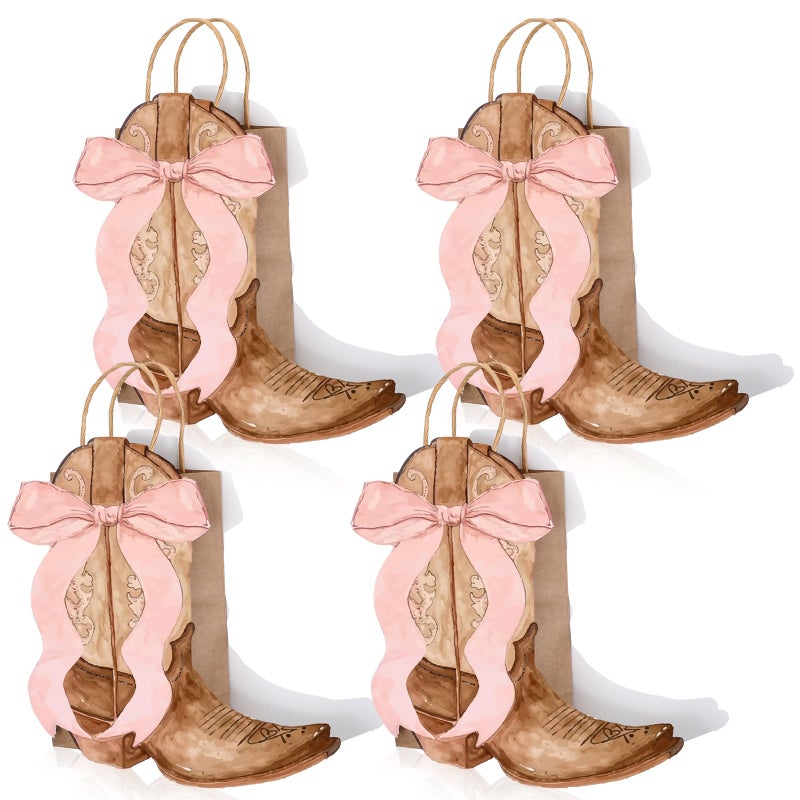 Sinload 24 Western Gift Bags Cowgirl Cowboy Boots Paper Bags with Pink Bow Handles Candy Goodie Treat Grocery Shopping for Cowgirl Party Supplies Birthday Western Party Favors (Brown Style) - Image 1