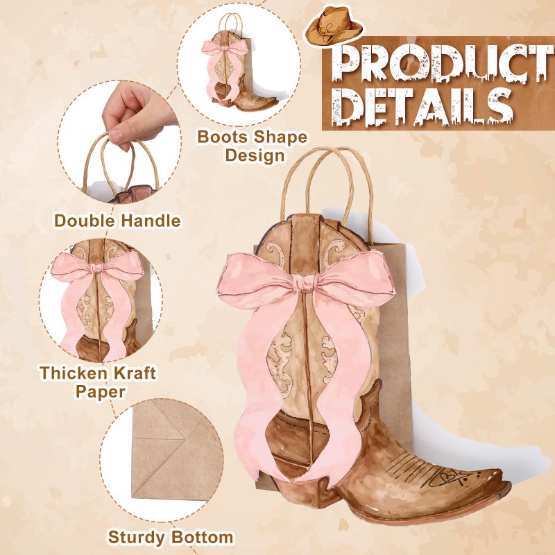 Sinload 24 Western Gift Bags Cowgirl Cowboy Boots Paper Bags with Pink Bow Handles Candy Goodie Treat Grocery Shopping for Cowgirl Party Supplies Birthday Western Party Favors (Brown Style) - Image 2