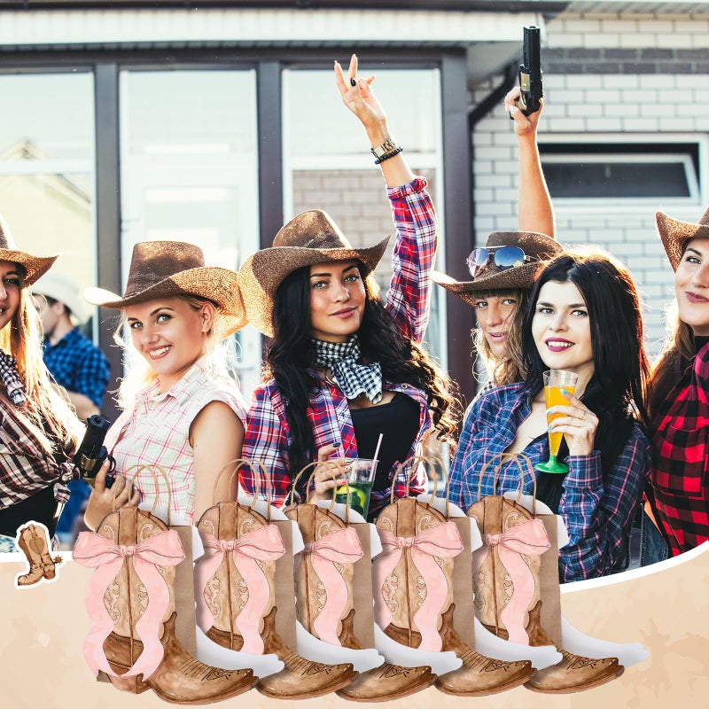 Sinload 24 Western Gift Bags Cowgirl Cowboy Boots Paper Bags with Pink Bow Handles Candy Goodie Treat Grocery Shopping for Cowgirl Party Supplies Birthday Western Party Favors (Brown Style) - Image 4