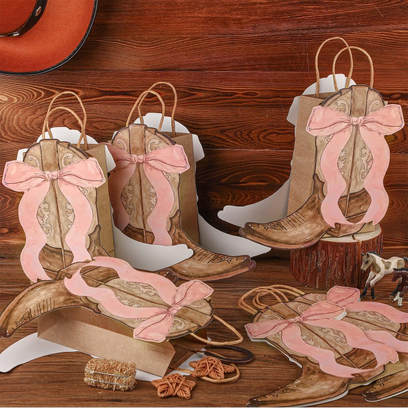 Sinload 24 Western Gift Bags Cowgirl Cowboy Boots Paper Bags with Pink Bow Handles Candy Goodie Treat Grocery Shopping for Cowgirl Party Supplies Birthday Western Party Favors (Brown Style) - Image 3