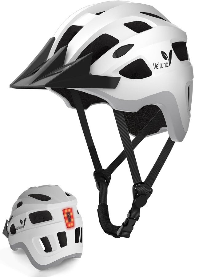 Veltuno Bike Helmet for Adults, Lightweight Mountain Bicycle Helmet with USB Rechargeable LED Rear Light, Removable Sun Visor for Women, Men, Suitable for Cycling and Commuting (White, Large) - Image 1