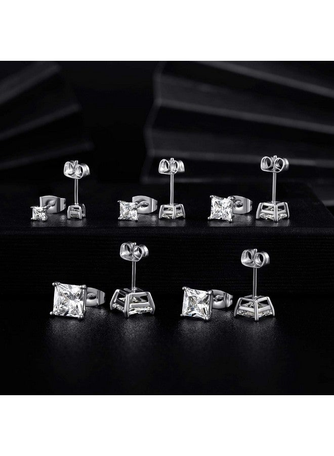 MDFUN 18K White Gold Plated Princess Cut Square Clear Cubic Zirconia Stud Earring Pack of 5 Pairs - Image 4