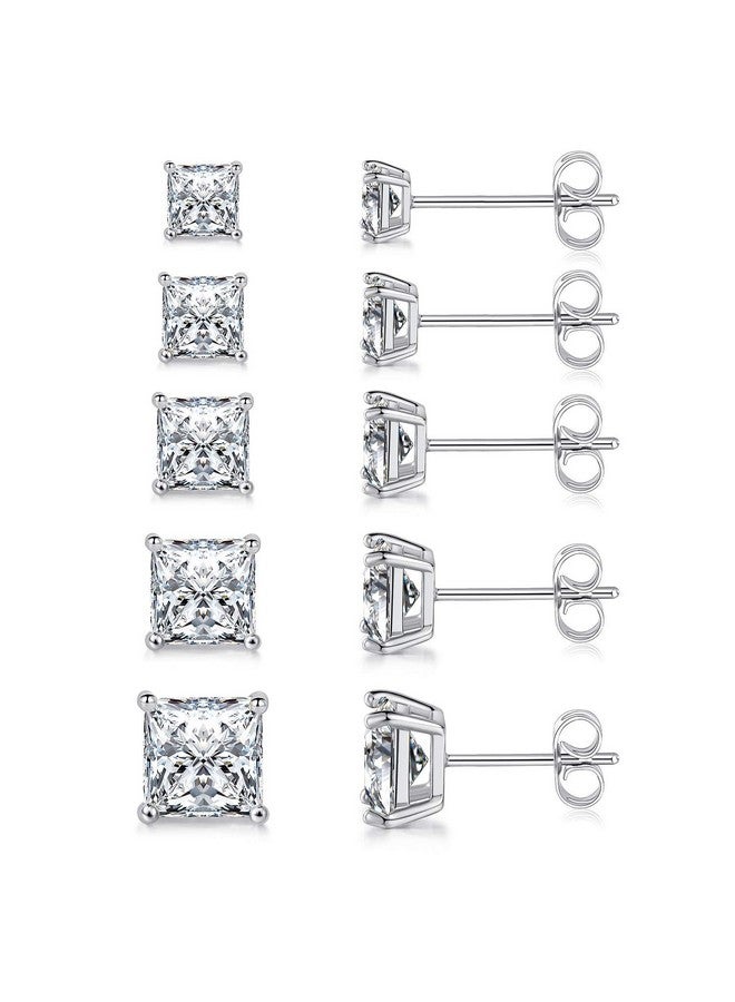 MDFUN 18K White Gold Plated Princess Cut Square Clear Cubic Zirconia Stud Earring Pack of 5 Pairs - Image 1