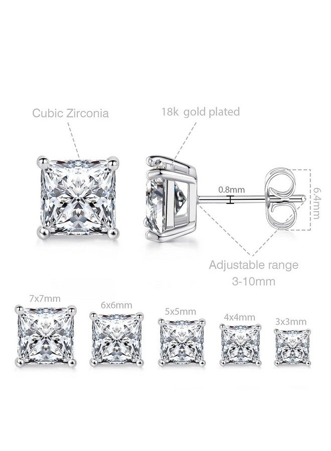 MDFUN 18K White Gold Plated Princess Cut Square Clear Cubic Zirconia Stud Earring Pack of 5 Pairs - Image 2