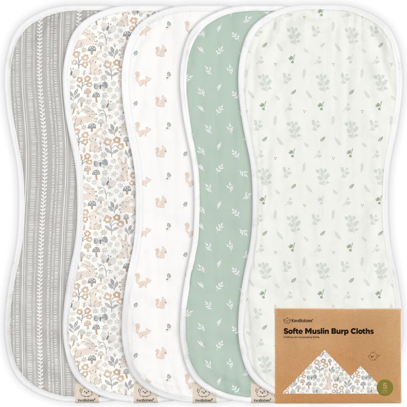 KeaBabies 5-Pack Muslin Burp Cloths Baby Boy, Girl - Very Absorbent Baby Burp Cloth Rags, 8-Layers Viscose Derived from Bamboo Cotton Muslin Towel, Super Soft Spit Up Rags, No Shrink Washcloths (Prairie) - Image 1