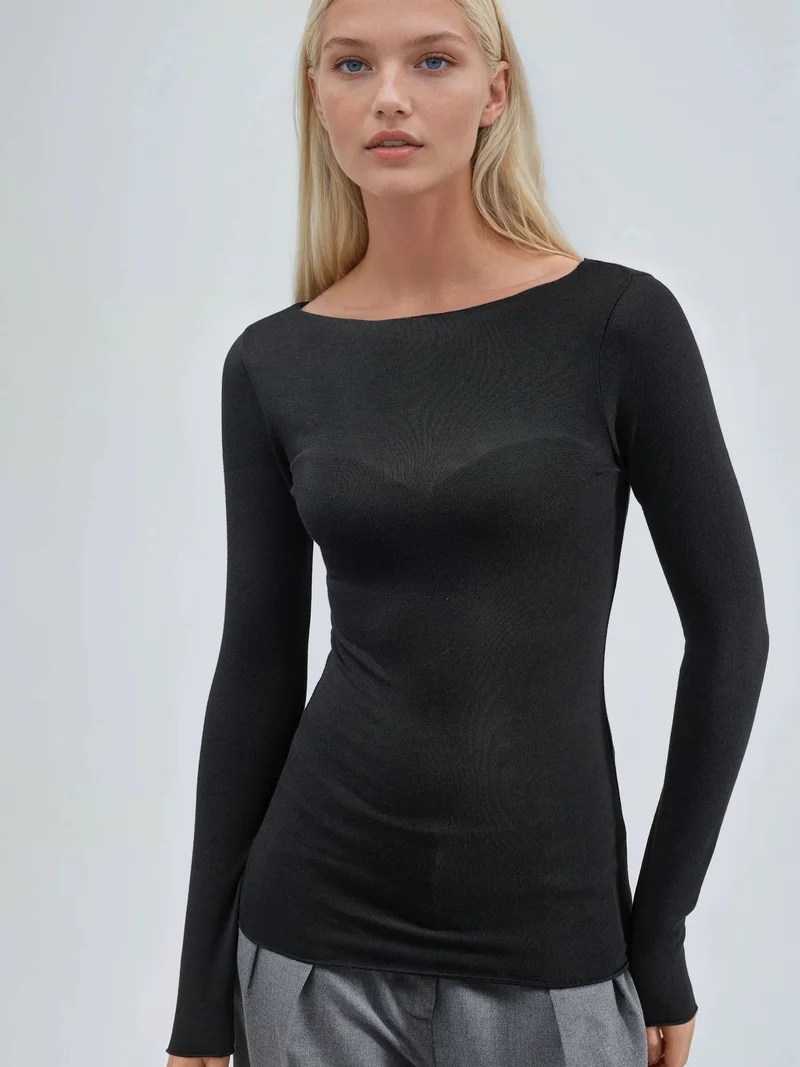 بوسيم BUSEM Boat Neck Long Sleeve Lightweight Blouse