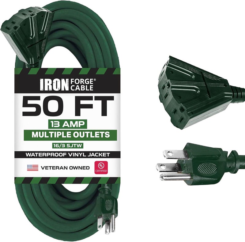 IRON FORGE CABLE 50ft Green Outdoor Extension Cord with 3 Outlets - 16/3 SJTW 50ft Extension Cord 3 Prong, 13 Amp All-Weather Heavy Duty Power Cable - Image 1