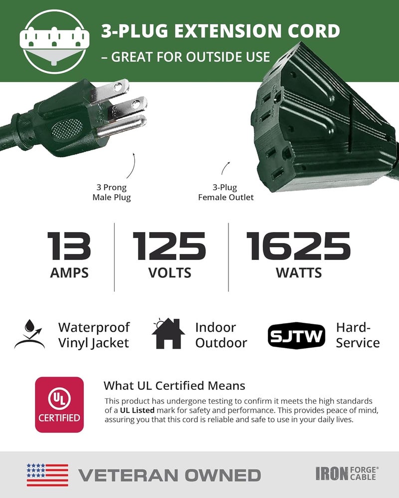 IRON FORGE CABLE 50ft Green Outdoor Extension Cord with 3 Outlets - 16/3 SJTW 50ft Extension Cord 3 Prong, 13 Amp All-Weather Heavy Duty Power Cable - Image 3