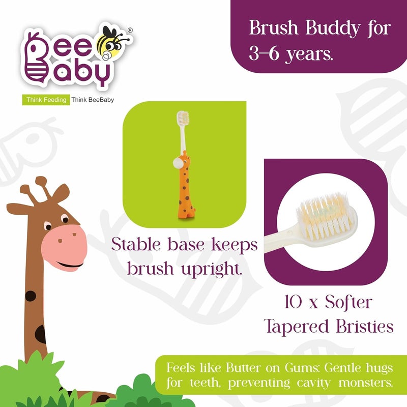 Beebaby Giraffe Brush Buddy Toothbrush for Kids 3-6 Years, Soft Handle for Easy Grip, 10 x Softer Tapered Bristles Ideal for Milk and Permanent Teeth, 100% BPA Free. Orange - Image 2