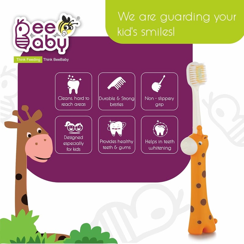 Beebaby Giraffe Brush Buddy Toothbrush for Kids 3-6 Years, Soft Handle for Easy Grip, 10 x Softer Tapered Bristles Ideal for Milk and Permanent Teeth, 100% BPA Free. Orange - Image 4