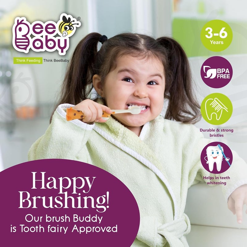Beebaby Giraffe Brush Buddy Toothbrush for Kids 3-6 Years, Soft Handle for Easy Grip, 10 x Softer Tapered Bristles Ideal for Milk and Permanent Teeth, 100% BPA Free. Orange - Image 3