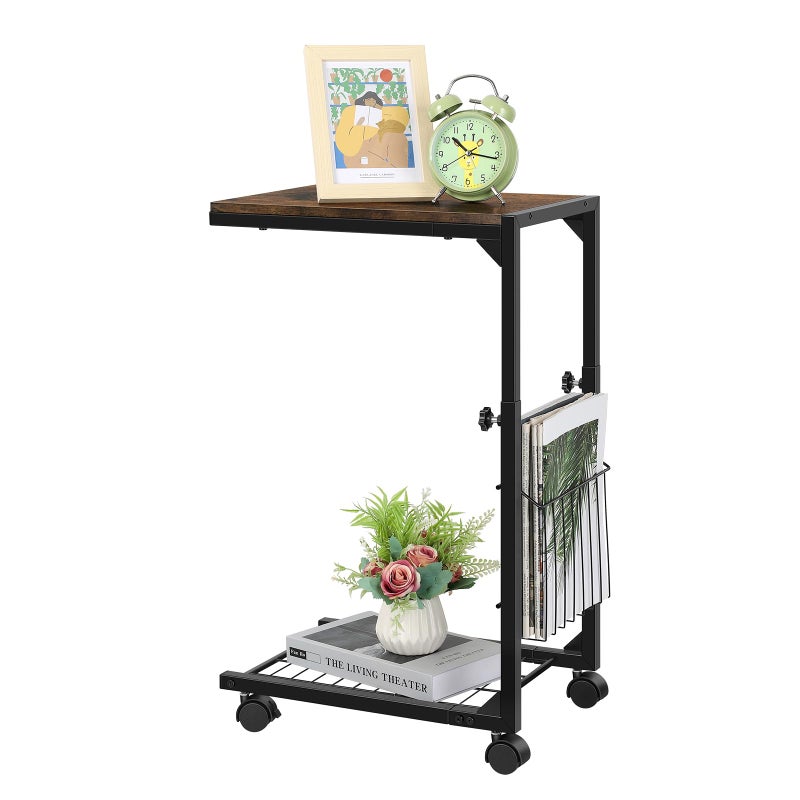 C Shaped Side Table with Wheels End Table for Small Spaces C Table Adjustable Height Couch Sofa Laptop Snack Tables That Slide Under for Living Room Bedroom Rustic Brown