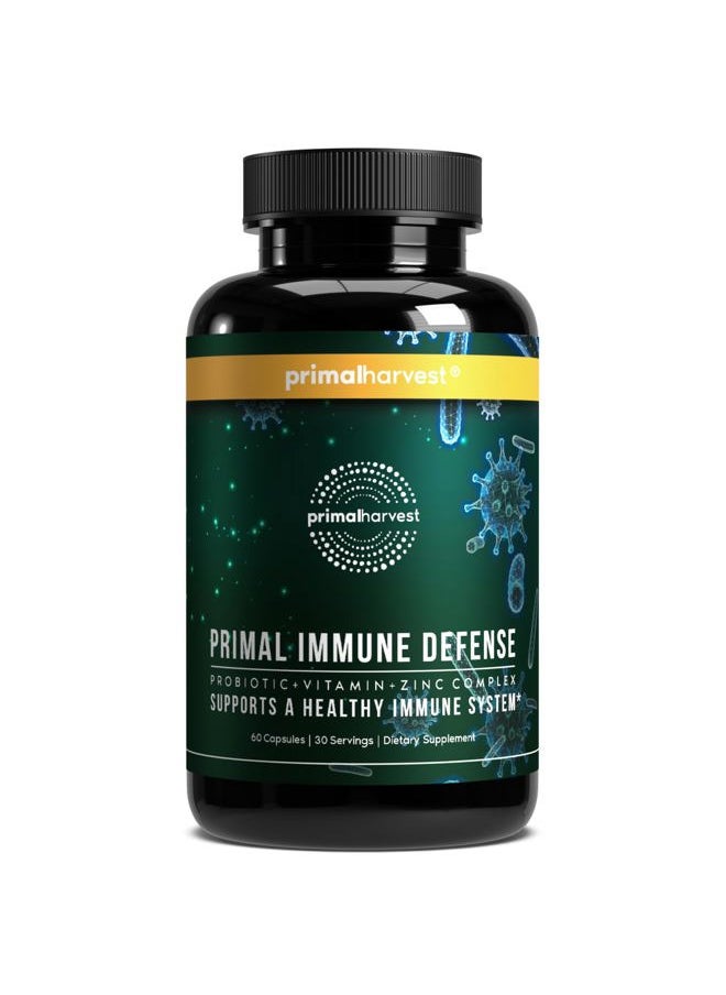 Primal Harvest Primal Immune Defense 10-in-1 Immune Defense Supplement: with 7 Billion CFU Probiotics, Zinc, Vitamins C, B6, D3, K2 - Immune Boosters for Adults 60 Capsules (1 Pack)  - Image 1