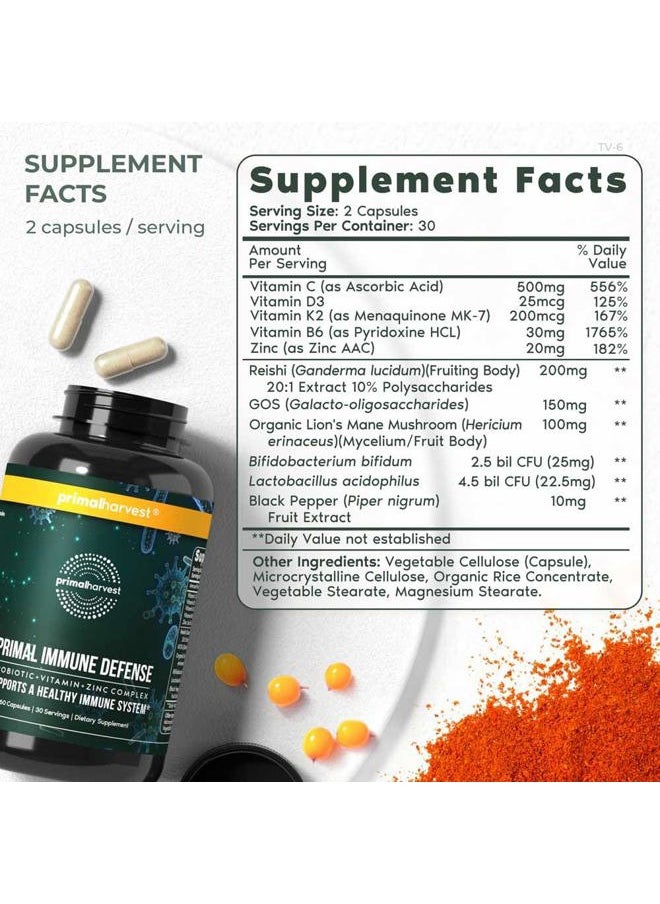 Primal Harvest Primal Immune Defense 10-in-1 Immune Defense Supplement: with 7 Billion CFU Probiotics, Zinc, Vitamins C, B6, D3, K2 - Immune Boosters for Adults 60 Capsules (1 Pack)  - Image 2