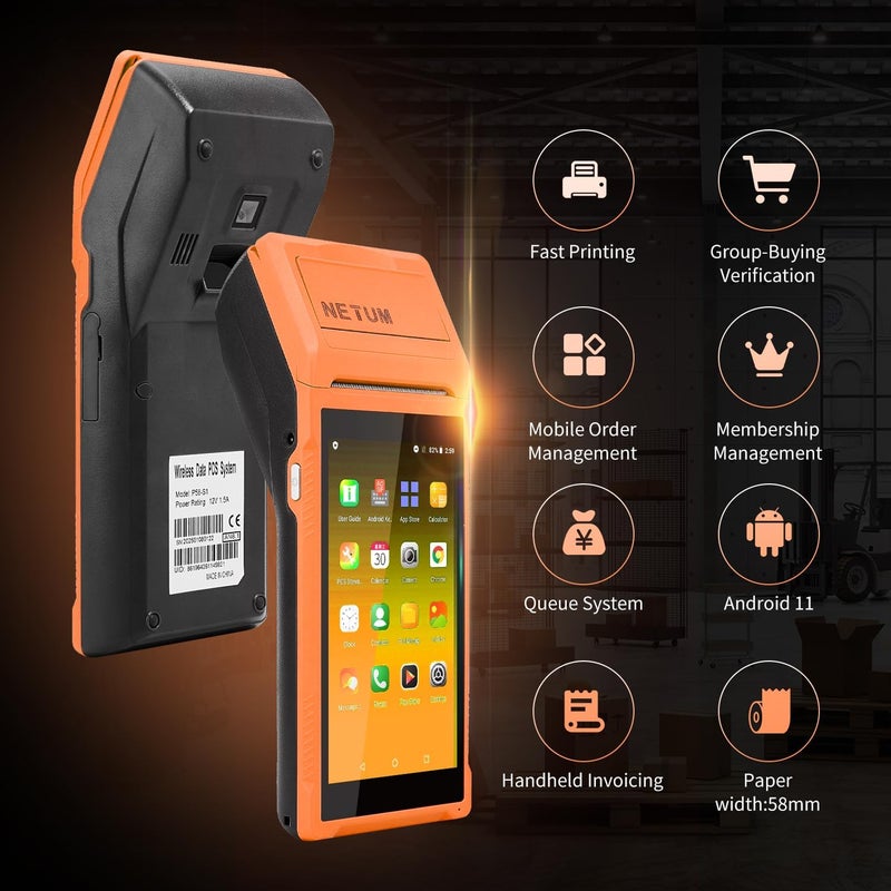 Handheld PDA Android 11.0 POS Terminal with Receipt Printer, Data Collector, Portable Barcode Scanner, Handheld Bluetooth USB WiFi BT4.0, Includes 58 * 35 Paper Scroll（P58-03） - Image 2