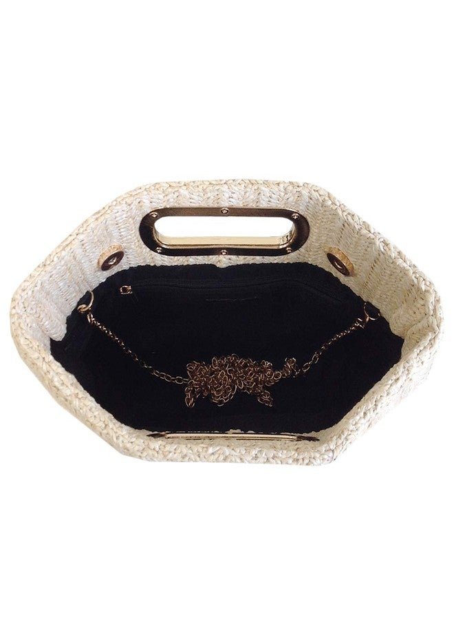JNB Top Handle Straw Clutch Handbag – Woven Raffia Straw, Gold Chain Strap, 11.5 x 2 x 7.5 Inches, Ivory Summer Tote Purse for Beach Vacation,90Ivo - Image 5