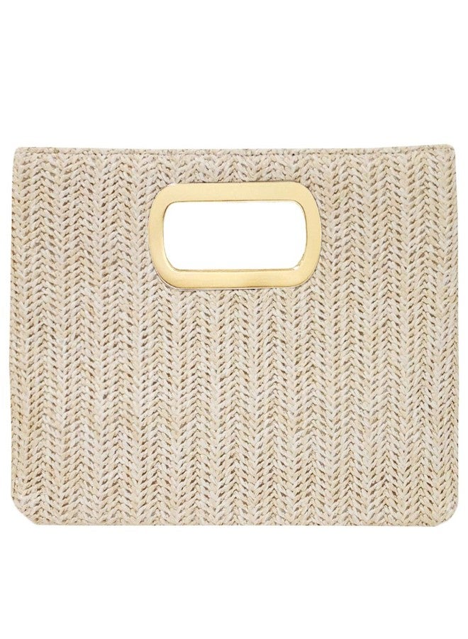 JNB Top Handle Straw Clutch Handbag – Woven Raffia Straw, Gold Chain Strap, 11.5 x 2 x 7.5 Inches, Ivory Summer Tote Purse for Beach Vacation,90Ivo - Image 1