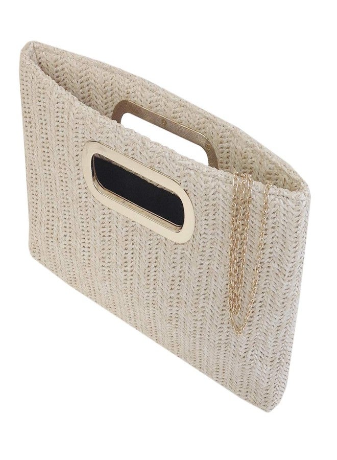JNB Top Handle Straw Clutch Handbag – Woven Raffia Straw, Gold Chain Strap, 11.5 x 2 x 7.5 Inches, Ivory Summer Tote Purse for Beach Vacation,90Ivo - Image 3