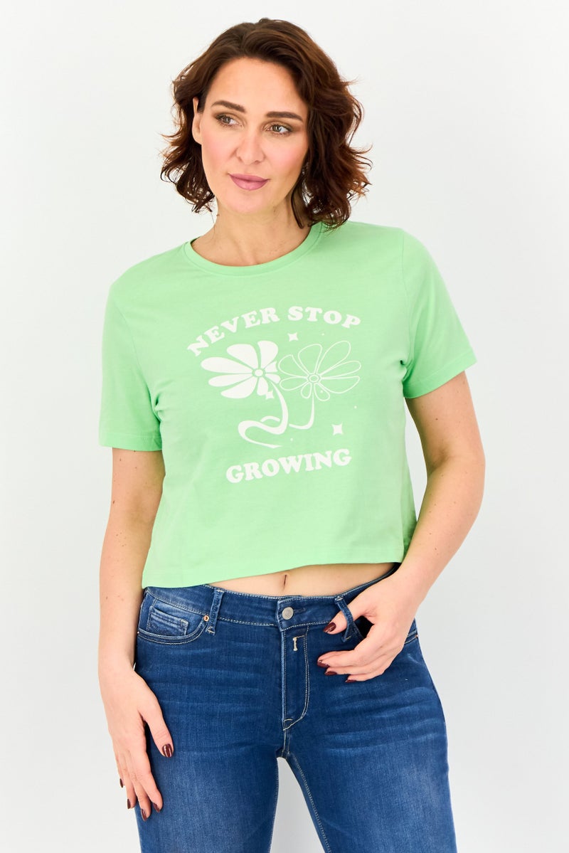 ONLY Women Crew Neck Short Sleeve Graphic Print Top, Green - Image 1