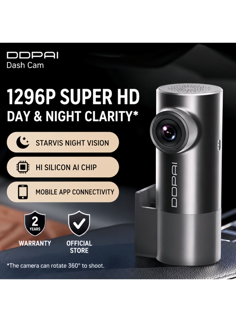 DDPAI 1296P Dash Cam with Starvis Night Vision – Mini Car DVR Camera with WDR, AI Chip, Mobile App Connectivity & 24H Parking Monitoring(Including 64G high-speed card) - Image 1