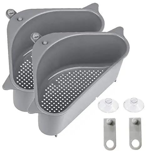 HAKKU Sink Basket Strainer, No Drilling Triangular Multifunctional Drain Shelf Kitchen Sink Strainer Holder Multifunctional Box Organizer for Soap, Dishwashing, Sponge etc (Grey, MIN 2 Quantity) - Image 1