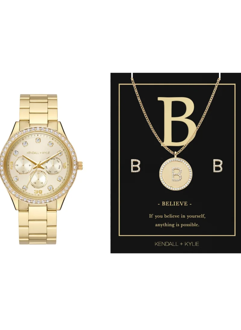 كيندال + كايلي Kendall + Kylie Women's Gold Analog Watch with Necklace and Earrings Set, A0940G-42-A27