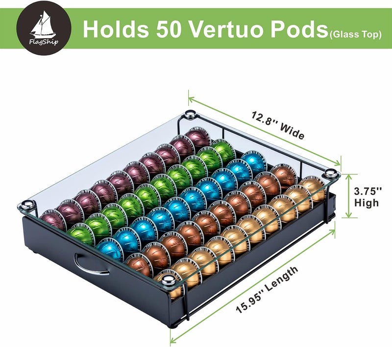 Flagship حامل كبسولات فيرتو منظم كبسولات القهوة لتخزين كبسولات نسبرسو بغطاء زجاجي (سعة 50 كبسولة) - Image 2