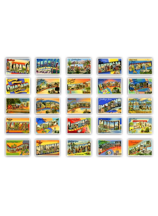 بوست كارد فير مجموعة بطاقات بريدية معاد طبعها تحمل تحيات من 50 ولاية أمريكية (حوالي 1930-1940). بطاقات بريدية تحمل أسماء وأحرف كبيرة لكل ولاية أمريكية. مجموعة متنوعة من البطاقات البريدية. صُنعت في الولايات المتحدة الأمريكية. - Image 1