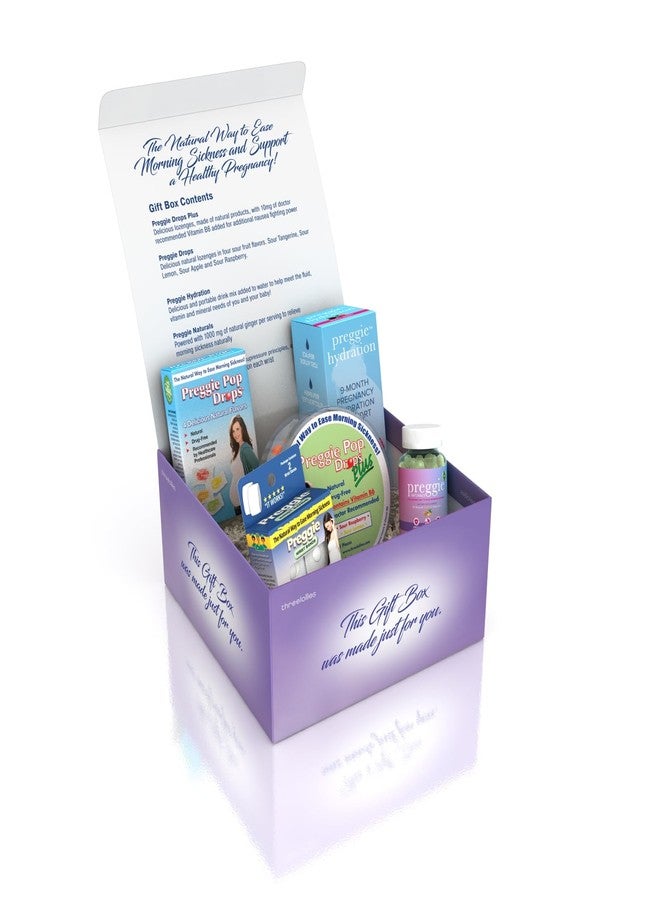 Three Lollies Preggie Gift Box - Natural, Pregnancy Nausea Relief Essentials with Anti-Sickness Lozenges, Hydration Packets, Ginger Capsules, & Anti-Nausea Bands for Morning Sickness - Image 1
