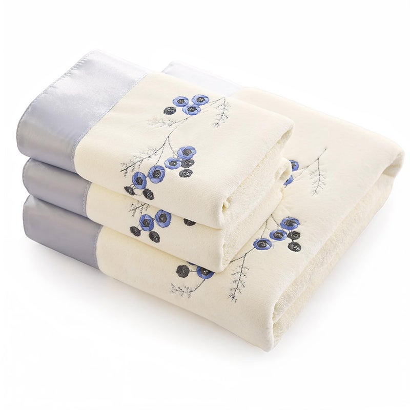Riverbyland White and Blue 2 Towel and 1 Bath Towel Embroidered Pattern Set - Image 5
