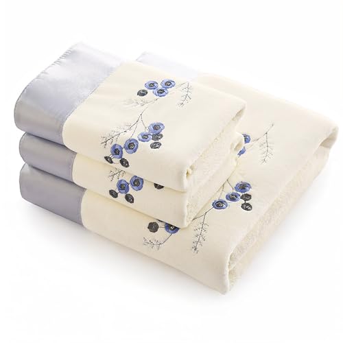 Riverbyland White and Blue 2 Towel and 1 Bath Towel Embroidered Pattern Set - Image 1