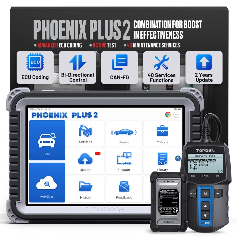 Topdon أداة المسح ثنائية الاتجاه TOPDON Phoenix Plus 2 مع جهاز اختبار البطارية تحديث مجاني لمدة عامين تشخيص كامل بمستوى OE ماسح طوبولوجي 40 خدمة إعادة تعيين AutoAuth لـ FCA SGW