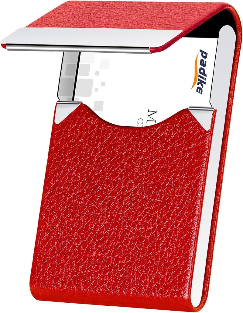 Padike Leather Business Card Holder for Women Leather Stainless Steel Business Card Case with Magnetic Shut (Red) - Image 1