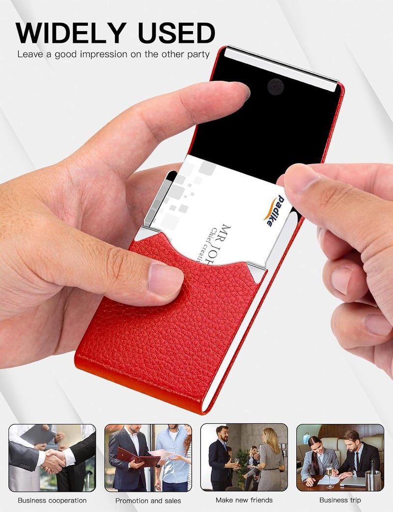 Padike Leather Business Card Holder for Women Leather Stainless Steel Business Card Case with Magnetic Shut (Red) - Image 5