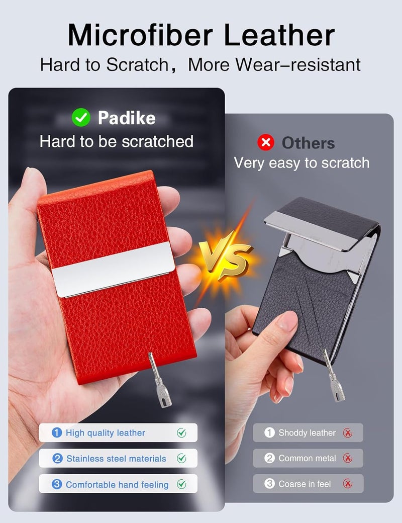 Padike Leather Business Card Holder for Women Leather Stainless Steel Business Card Case with Magnetic Shut (Red) - Image 3