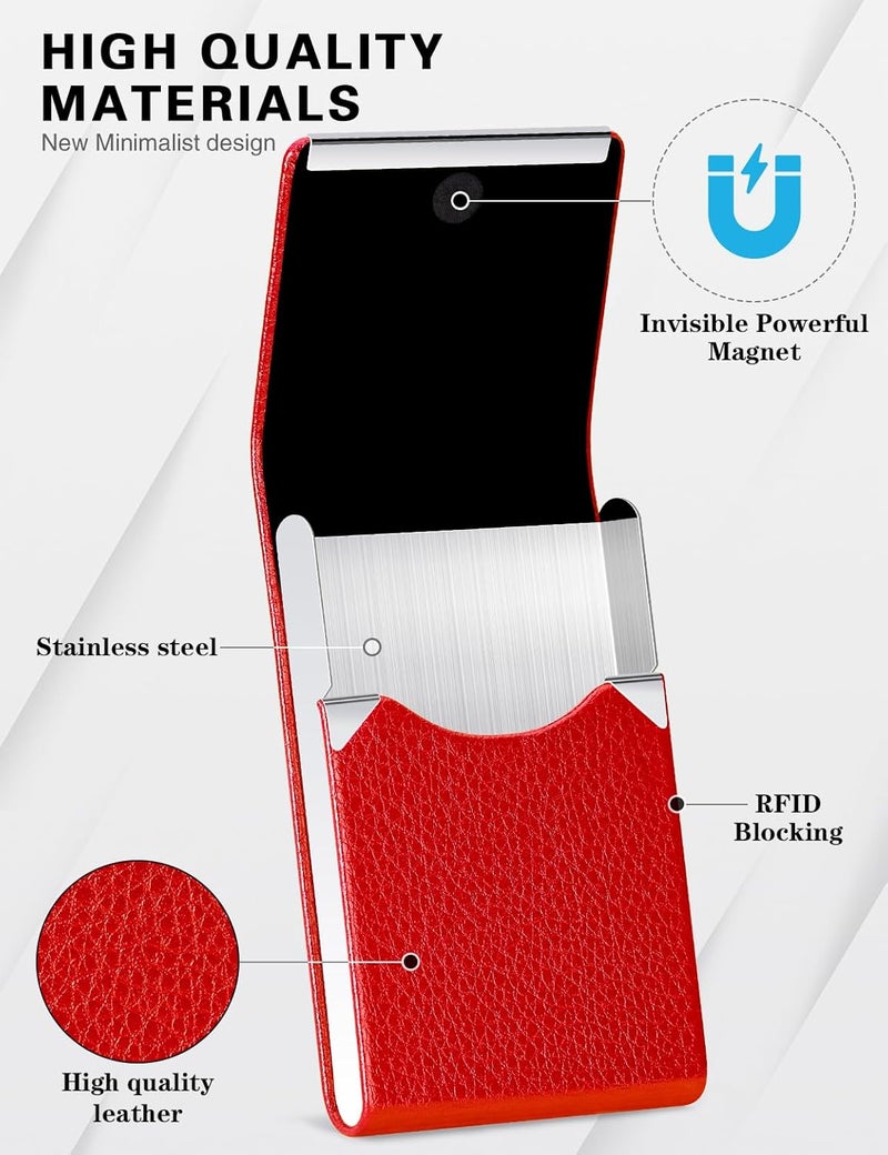 Padike Leather Business Card Holder for Women Leather Stainless Steel Business Card Case with Magnetic Shut (Red) - Image 2