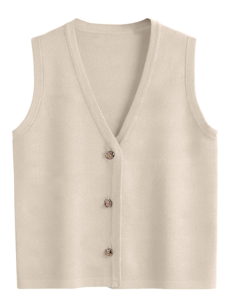 LILLUSORY Vest Tops for Women 2026 Spring Striped Sweaters Button Up Summer Business Casual Outfits Womens Blouses Jackets Fashion Clothes Sleeveless V Neck Tops Apricot L - Image 1