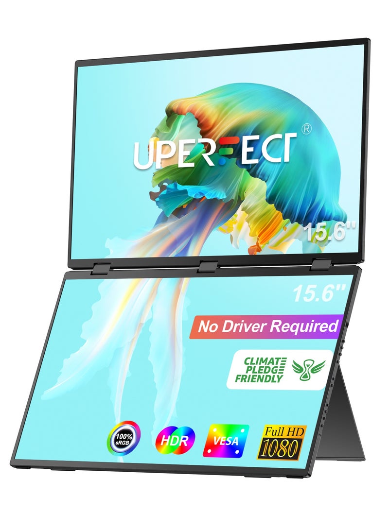 أوبيرفكت شاشة محمولة UPERFECT شاشة محمولة مقاس 15.6 بوصة 60 هرتز 1920 × 1080 FHD IPS IPS USB C ومنفذ HDMI صغير مع شاشة ثانية مدمجة للتركيب للكمبيوتر المحمول/الهاتف/وحدة التحكم في الألعاب - Image 1