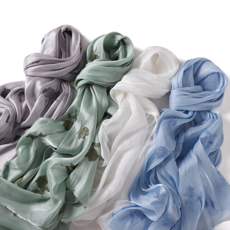 Premium Floral Embroidered Shiny Satin Hijab Soft Smooth Breathable Long Shawl Scarf Wrap Turban Headscarf 180x70cm
