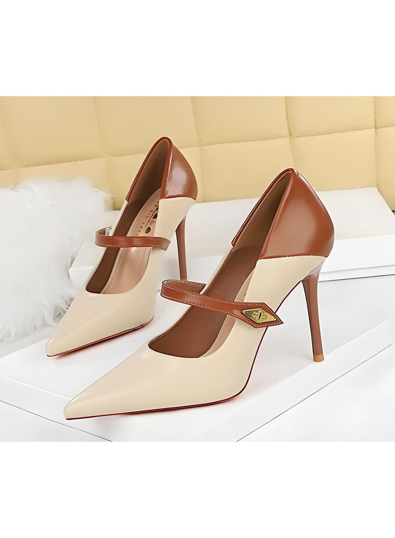 BIGTREE Women's Stiletto Pumps Closed Pointed Toe High Heels Party Dress Shoes Apricot/Brown 10CM - Image 1