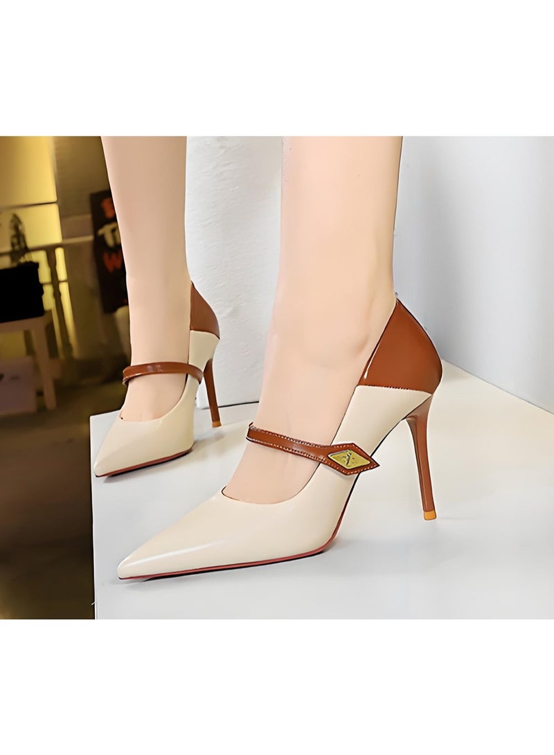 BIGTREE Women's Stiletto Pumps Closed Pointed Toe High Heels Party Dress Shoes Apricot/Brown 10CM - Image 4