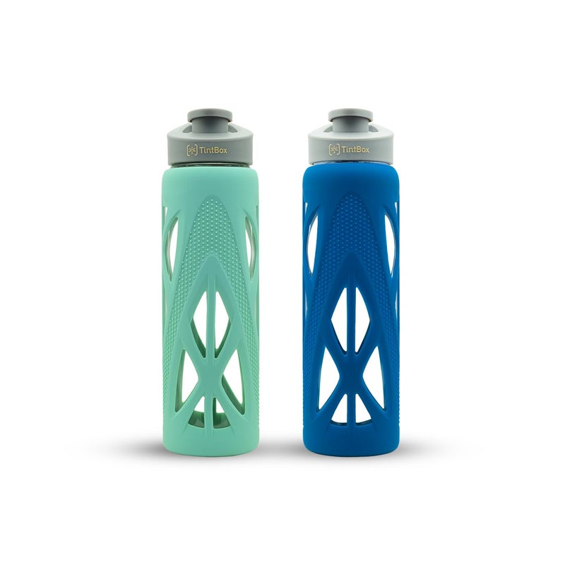 TintBox Glass Water Bottle with Protective Silicone Cover | Glass Water Bottle for Fridge, Home, Office, Gym, Travel | BPA Free | Cool Green & Power Blue (750 Ml) - Pack of 2 - Image 1