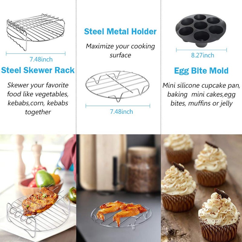TINMIX Air Fryer Accessories Set of 7 with 8 Inch Egg Bites Mold, Pizza Pan, Cake Barrel, Skewer Rack, Silicone Mat for 3.5Qt-5.8Qt Phillips Nuwave Gowise Gourmia Ninja Dash Air Fryer - Image 3