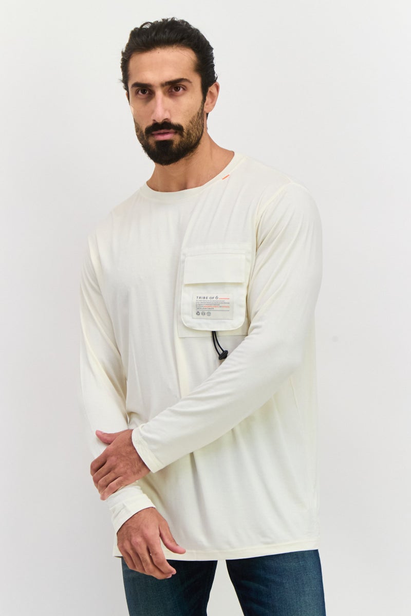 TRIBE OF 6 Men Crew Neck Long Sleeve Brand Logo T-Shirt, Cream - Image 1