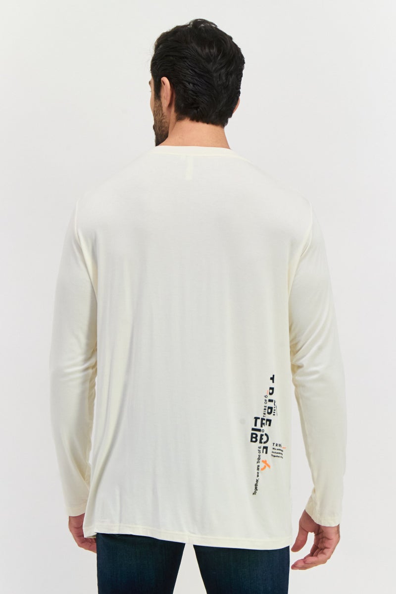 TRIBE OF 6 Men Crew Neck Long Sleeve Brand Logo T-Shirt, Cream - Image 3