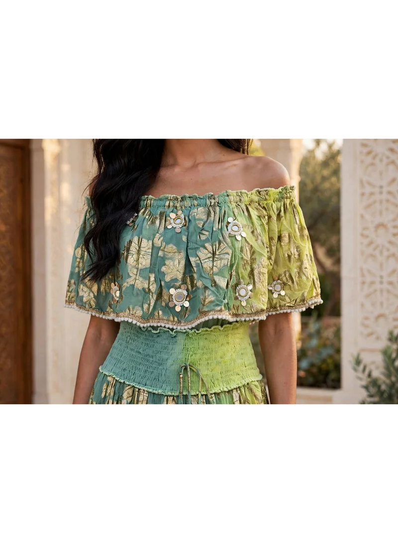 Ikkxa  Off Shoulder Metallic Tiered Maxi Jalabiya for Women | Best Price UAE