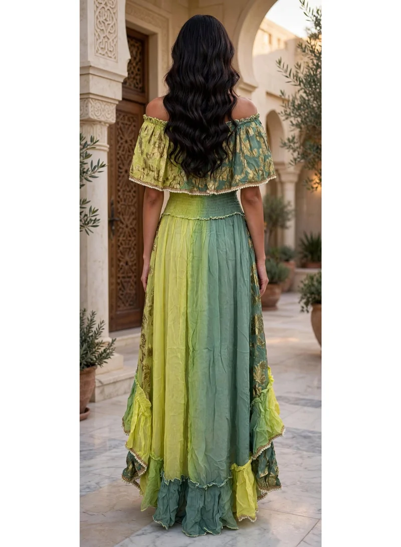Ikkxa  Off Shoulder Metallic Tiered Maxi Jalabiya for Women | Best Price UAE