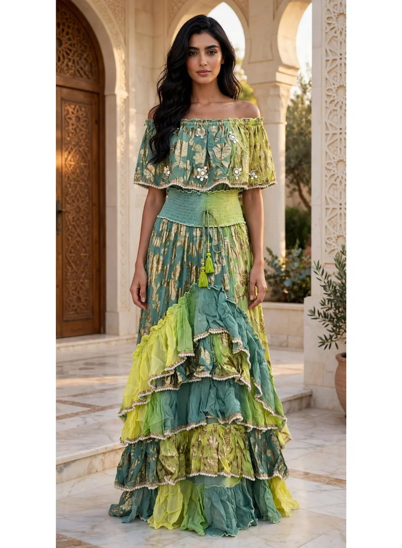 Off Shoulder Metallic Tiered Maxi Jalabiya